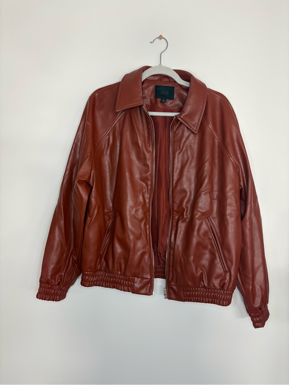 Zara Women’s Rust Leather-Look Bomber Jacket